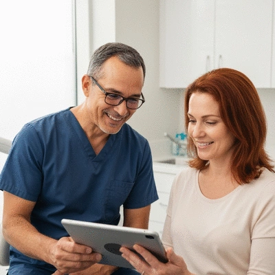 Dentist and patient discussing personalized smile design plan on a tablet