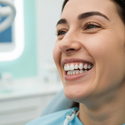 Close-up of a patient with perfectly aligned and bright dental veneers, showcasing a confident smile.