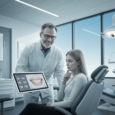 Dentist and patient discussing digital smile design on a tablet in a modern dental office