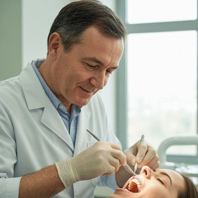 Close-up of a dentist performing dental bonding on a patient's tooth with composite resin, natural lighting, professional setting