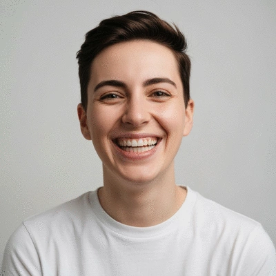 Smiling person looking confidently at the camera, showcasing bright, perfectly aligned teeth, natural lighting, no text, no words, no typography, 8K
