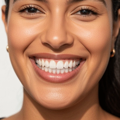 Person smiling confidently, showcasing perfect dental veneers, clean and bright aesthetic, no text, no words, no typography