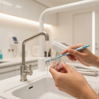 Person cleaning Invisalign aligners with a soft toothbrush