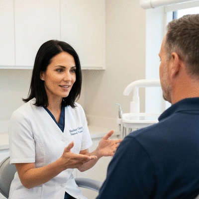 Dentist consulting with a patient about dental veneers, professional setting, no text, no words, no typography, 8K