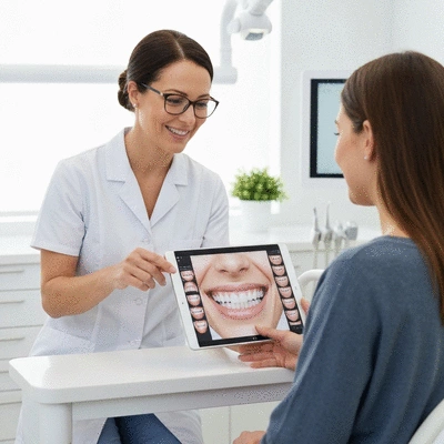 Dentist showing a patient their smile design plan on a tablet