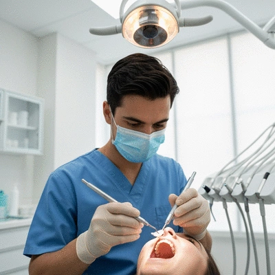 Close-up of a dentist applying a dental veneer to a patient's tooth with precision tools, in a clean, modern dental office, bright lighting, no text, no words, no typography, 8K