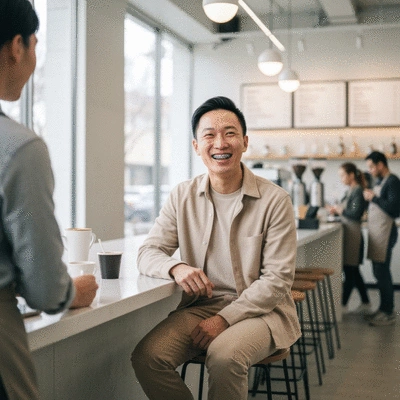 Patient smiling, subtly showing clear Invisalign aligners in place