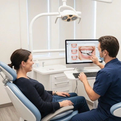 Dentist using digital smile design software on a computer with a patient looking on, showcasing interactive treatment planning, no text, no words, no typography, clean image