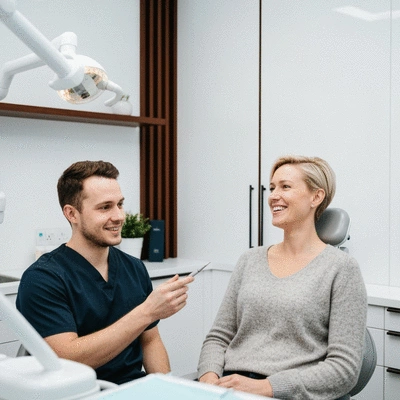 Dentist consulting with a patient in a modern dental office, discussing treatment options.