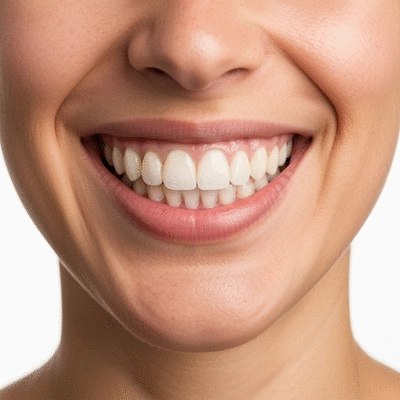 Close-up of a person smiling brightly after dental veneer treatment, showing natural-looking, perfectly aligned teeth, clean background, soft lighting.