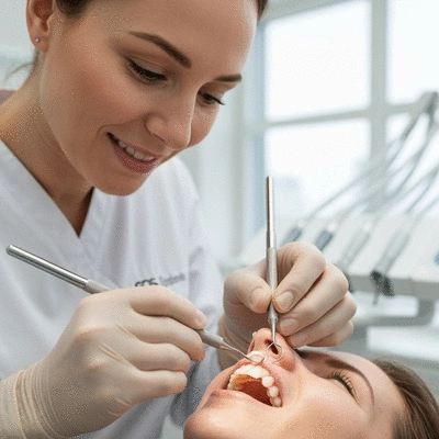 Close-up of a dentist applying a dental veneer to a patient's tooth with precision tools