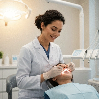 Dentist explaining teeth whitening options to a patient