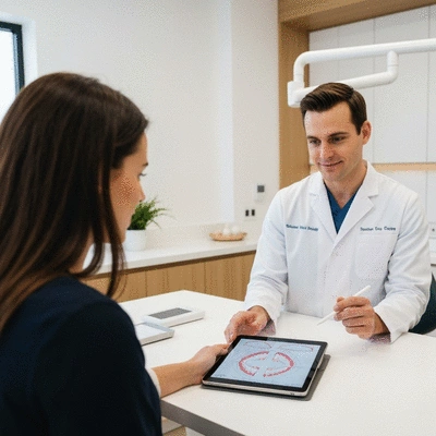 Dentist explaining smile design process to a patient using a tablet, in a modern dental office, bright and clean