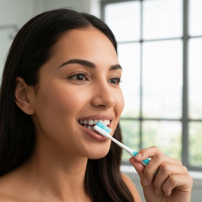 Close-up of a person gently brushing bonded teeth with a soft-bristled toothbrush