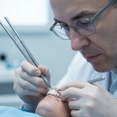 Close-up of a dentist carefully placing a porcelain veneer on a patient's tooth, sterile environment, clear focus on the veneer