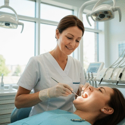 Professional dental hygienist cleaning a patient's teeth in a modern dental office