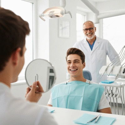 Happy patient looking at their new smile in a mirror with a dentist
