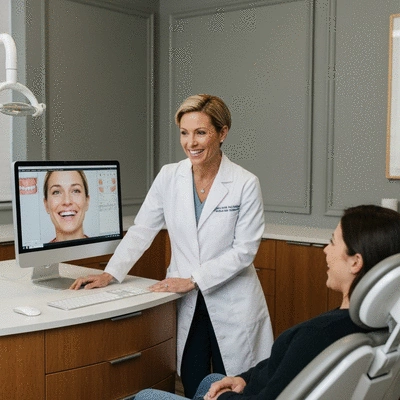 Dentist showing patient a digital smile design on a computer