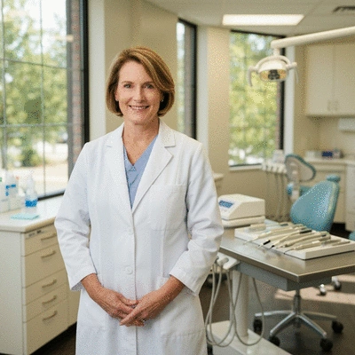 Dentist applying whitening gel to a patient's teeth in a professional setting, close up, no text, no words