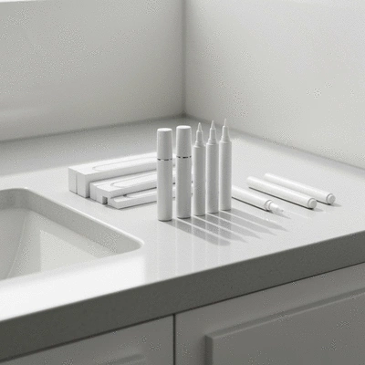 A modern at-home teeth whitening kit with strips and gel pens on a clean bathroom counter, no text, no words, no typography, clean image