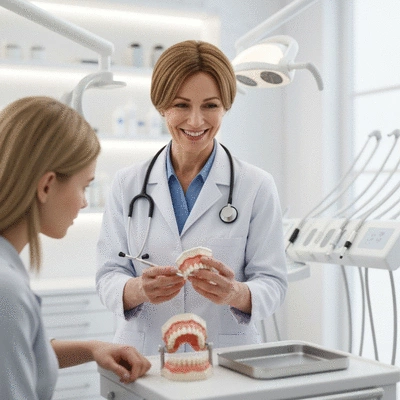 A cosmetic dentist consulting with a patient, reviewing dental models and explaining treatment options in a modern dental office