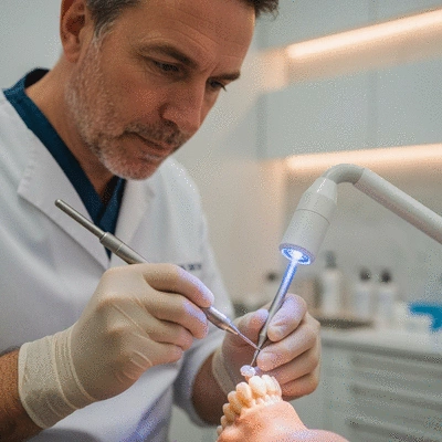 Close-up of a dentist applying composite resin to a patient's tooth during a dental bonding procedure, with a curing light nearby