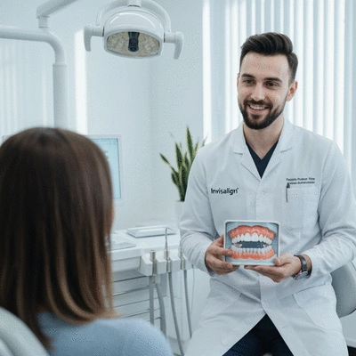 Dentist explaining Invisalign treatment duration to a patient using a 3D model of teeth