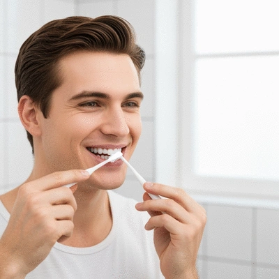 Close-up of a person brushing their teeth with dental veneers, bright clean bathroom setting, no text, no words, no typography