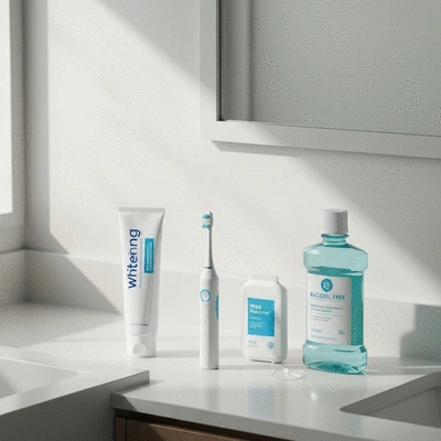 Arrangement of various oral hygiene products including whitening toothpaste, floss, and mouthwash