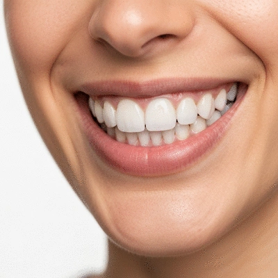 Patient smiling with new dental veneers, close-up, clean white background