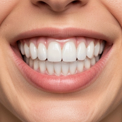 Close-up of a person smiling with perfectly aligned and bright porcelain veneers, showing natural yet enhanced teeth, no text, no words, no typography, clean image