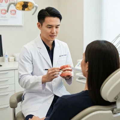 Dental professional explaining the difference between veneers and bonding to a patient, using dental models.