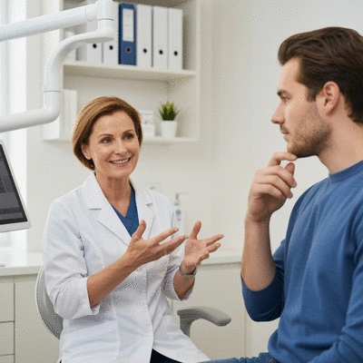 Dentist and patient having a transparent discussion about digital smile design expectations in a modern dental office, no text, no words, no typography, clean image