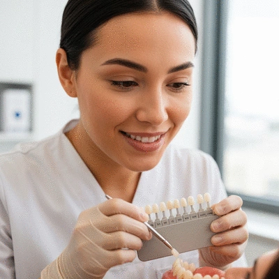Dentist selecting shade for dental bonding
