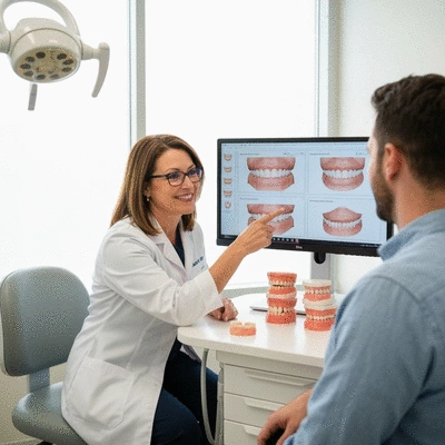 Patient consulting with a dentist about smile design, looking at digital models