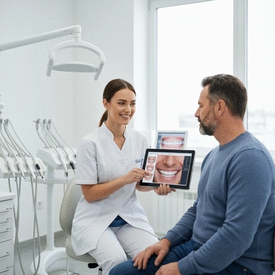 Dentist consulting with a patient in a modern dental office, showing patient looking at a digital smile design on a tablet, professional and clean environment, no text, no words, no typography, 8K, natural lighting
