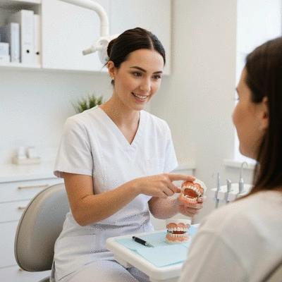 Dentist consulting with a patient about veneer options, pointing to a dental model, in a clean, modern dental office setting, no text, no words, no typography, clean image