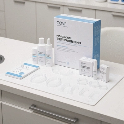 Various teeth whitening products including a professional kit, at-home trays, and over-the-counter strips on a clean dental office counter, no text, no words, no typography, 8K