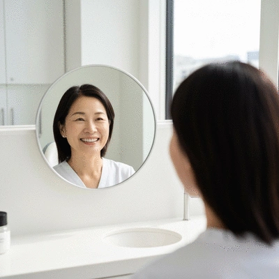 Happy patient looking at their new smile in a mirror, dental office setting, bright and clean image