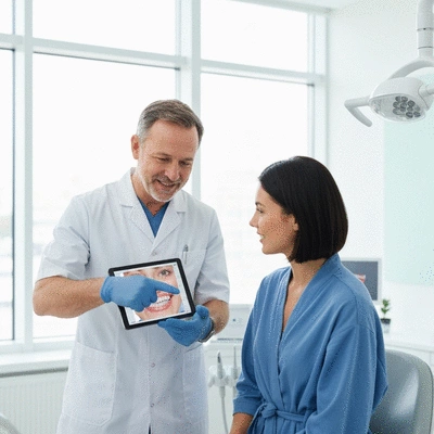 Dentist and patient discussing digital smile design on a tablet