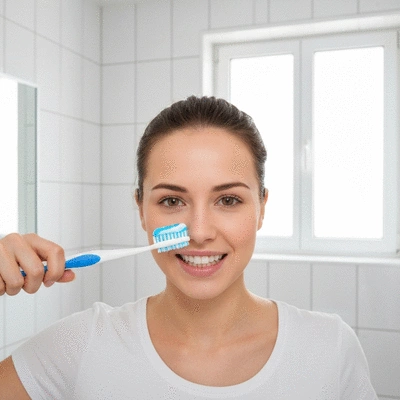 Person brushing teeth with a soft-bristled toothbrush and fluoride toothpaste