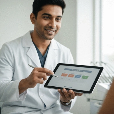 Close-up of a dentist explaining treatment options to a patient using a digital tablet