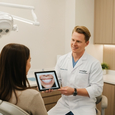 Orthodontist consulting with a patient about Invisalign, showing a 3D dental scan on a tablet, professional and clean environment, no text