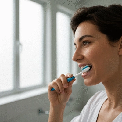 Person brushing teeth with a soft-bristled toothbrush and non-abrasive toothpaste, focusing on gentle care for bonded teeth