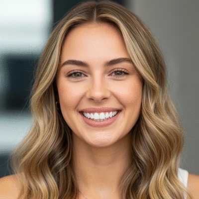 Smiling patient showing off their new, perfectly aligned dental veneers