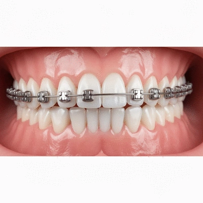 Close-up of traditional metal braces on teeth