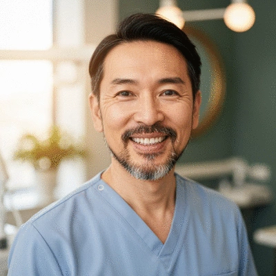 Person smiling confidently after a successful smile design, close-up, bright and clean image